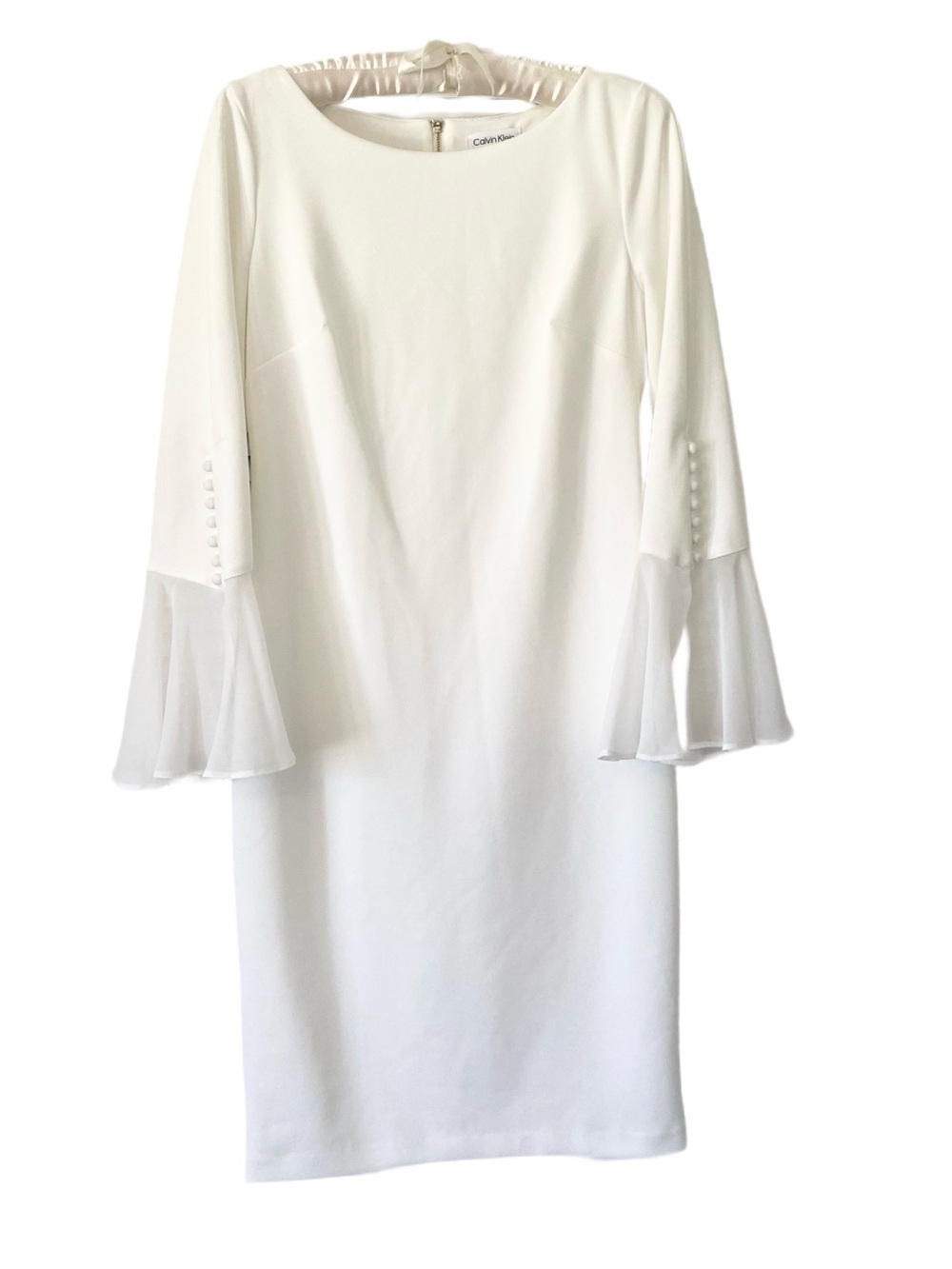 Calvin Klein White Sheer Bell Cuff Lined Dress Size 10 NWOT